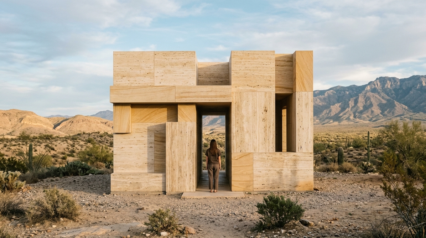 Architectural Travertine Sanctuary in Desert Landscape